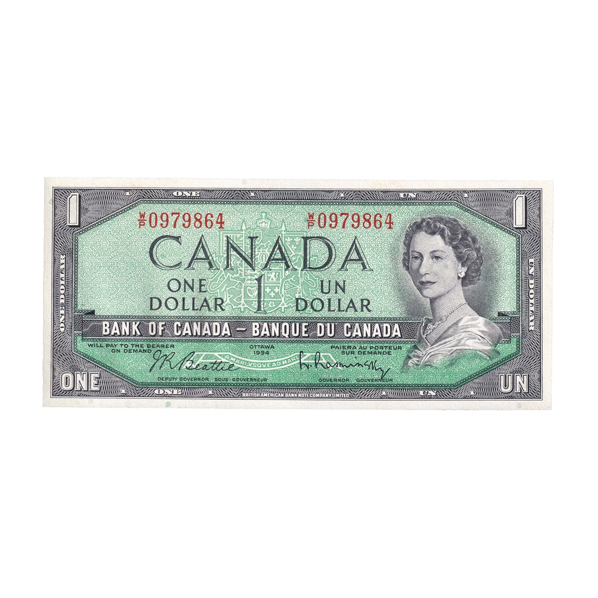 BC-37b-i 1954 Canada $1 Beattie-Rasminsky, W/P, Almost Uncirculated (AU50)
