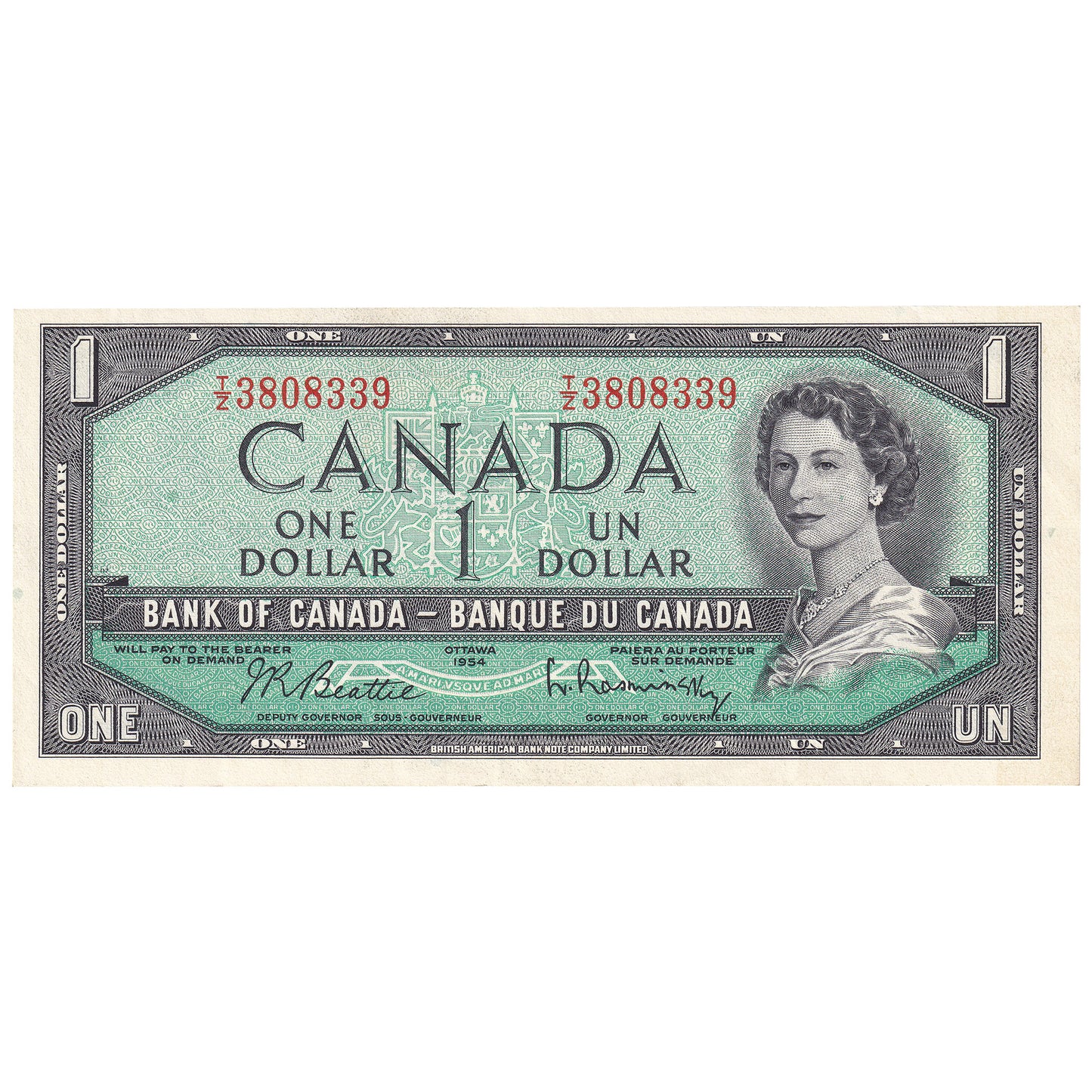 BC-37b-i 1954 Canada $1 Beattie-Rasminsky, T/Z, Almost Uncirculated (AU50)