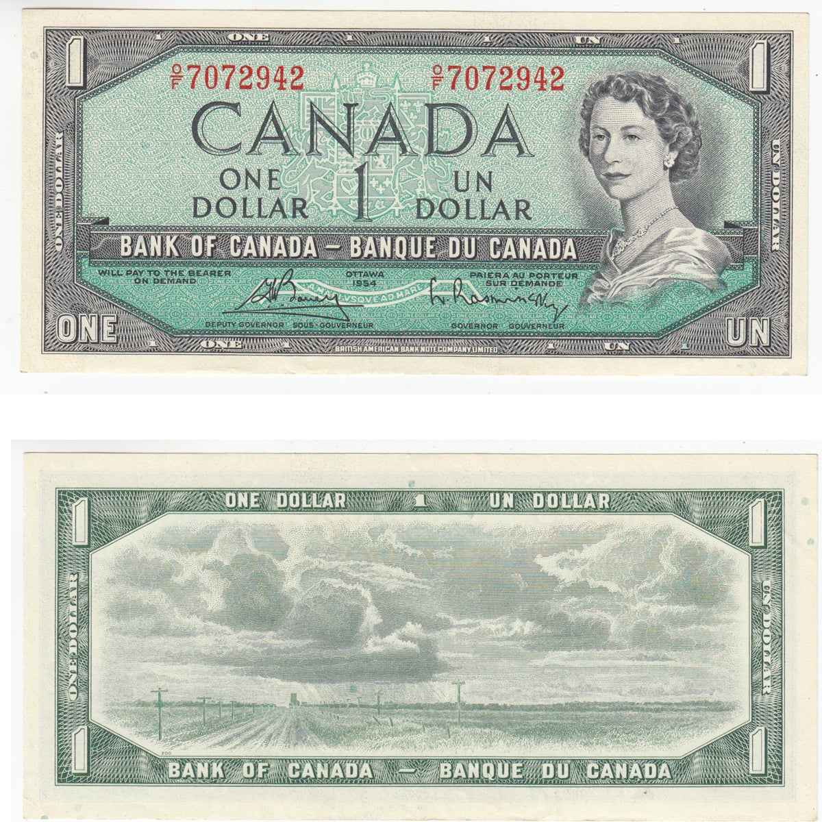 BC-37c 1954 Canada $1 Bouey-Rasminsky, O/F, AU-UNC (AU55)
