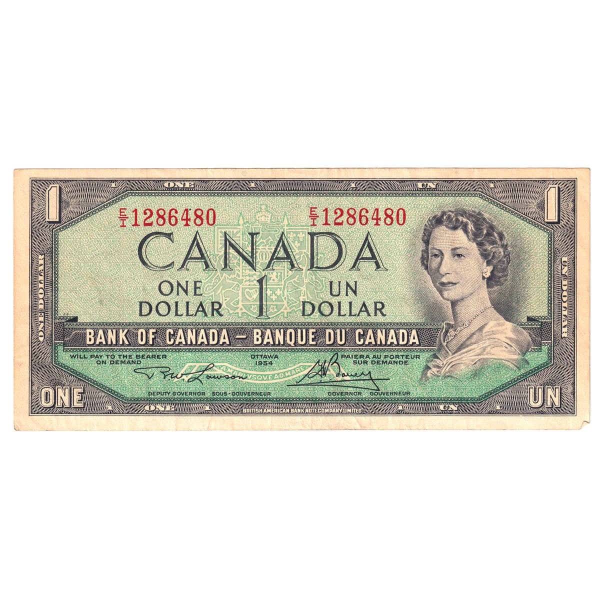 BC-37d 1954 Canada $1 Lawson-Bouey, E/I, VF-EF (VF30)