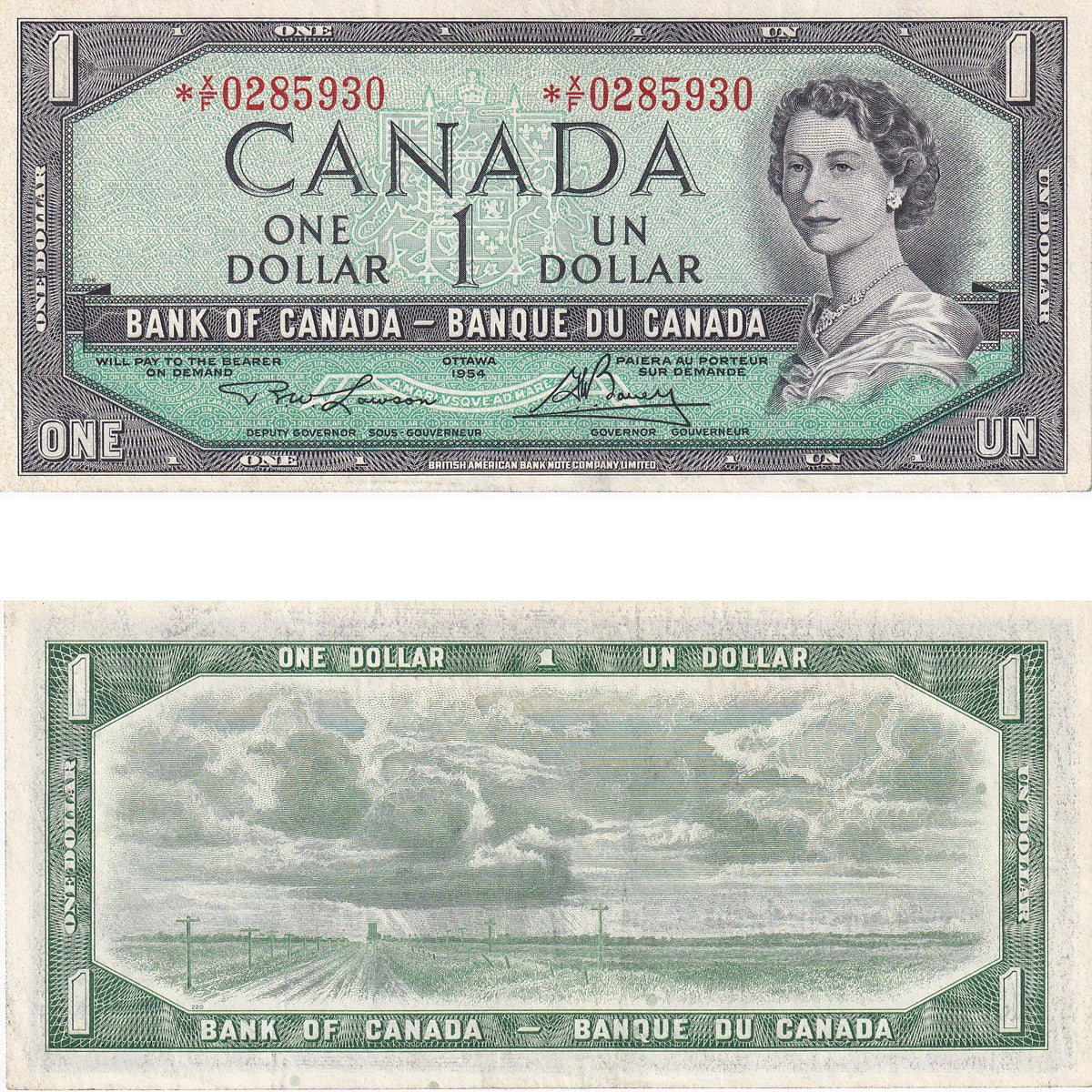BC-37dA 1954 Canada $1 Lawson-Bouey, *X/F, VF-EF