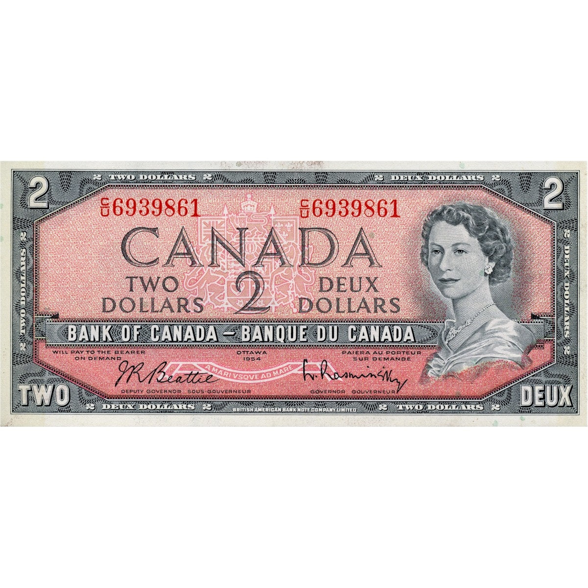 BC-38b 1954 Canada $2 Beattie-Rasminsky, C/U, AU