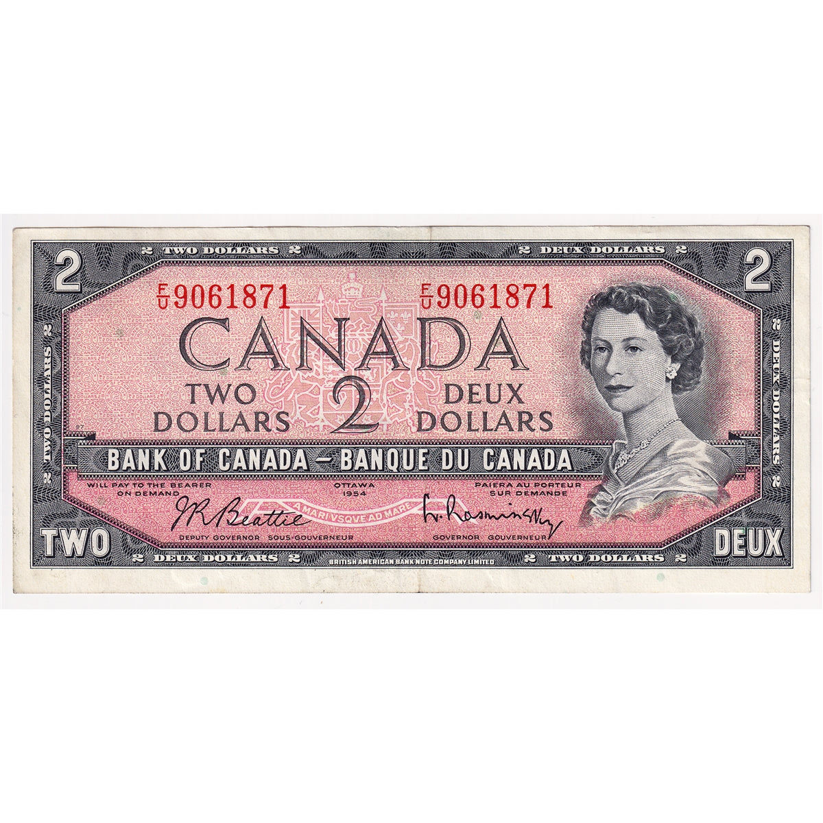 BC-38b 1954 Canada $2 Beattie-Rasminsky, F/U, Extra Fine (EF40)