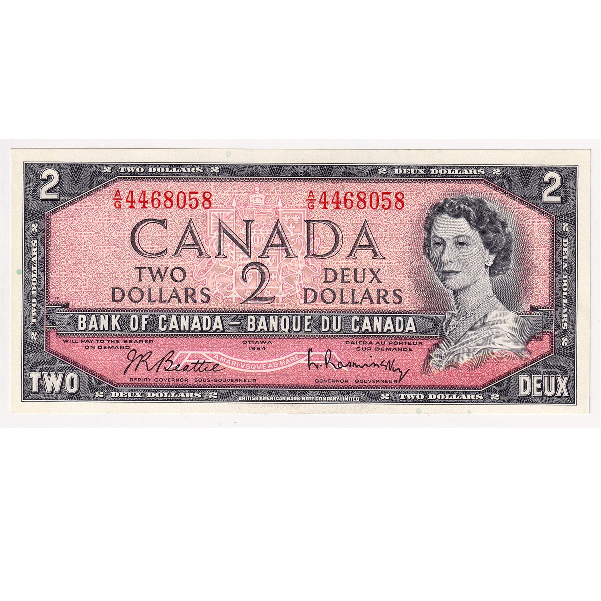 BC-38b 1954 Canada $2 Beattie-Rasminsky, A/G, Almost Uncirculated (AU50)