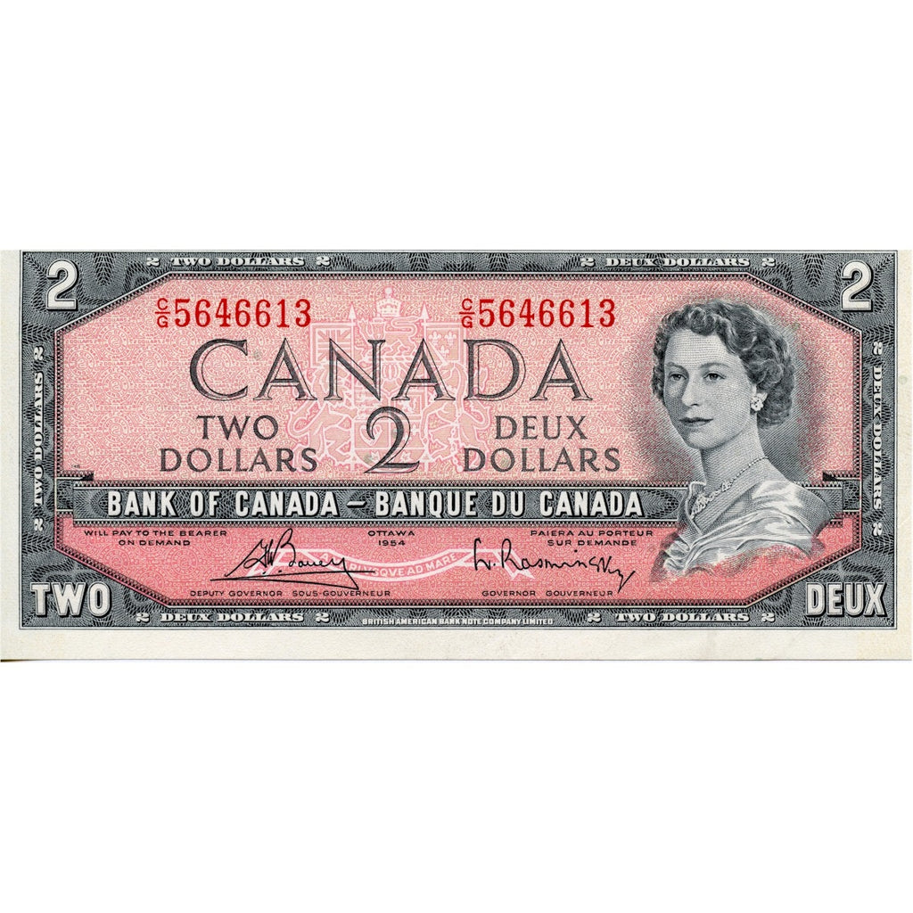 BC-38c 1954 Canada $2 Bouey-Rasminsky, C/G, Almost Uncirculated (AU50)