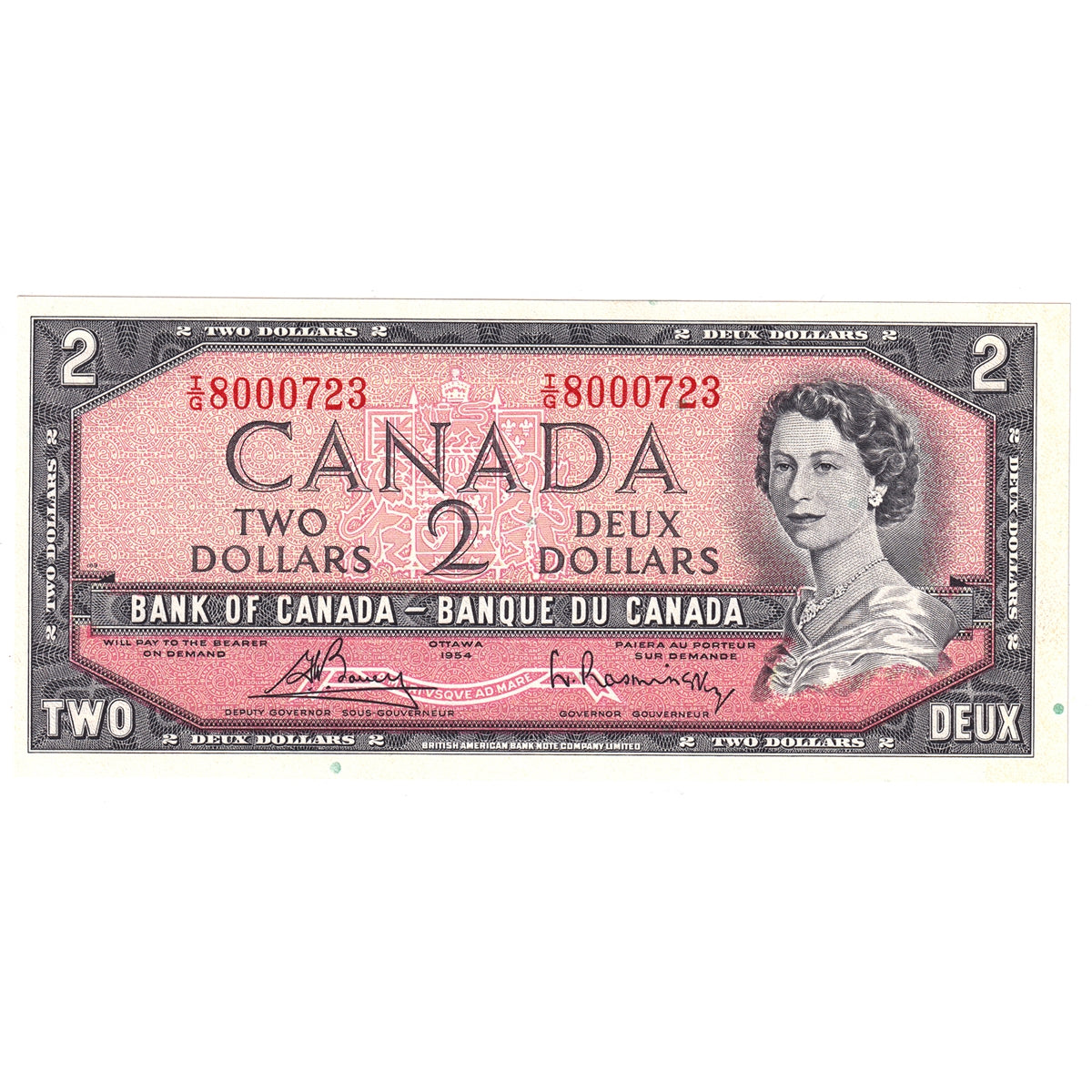 BC-38c 1954 Canada $2 Bouey-Rasminsky, I/G, AU-UNC (AU55)