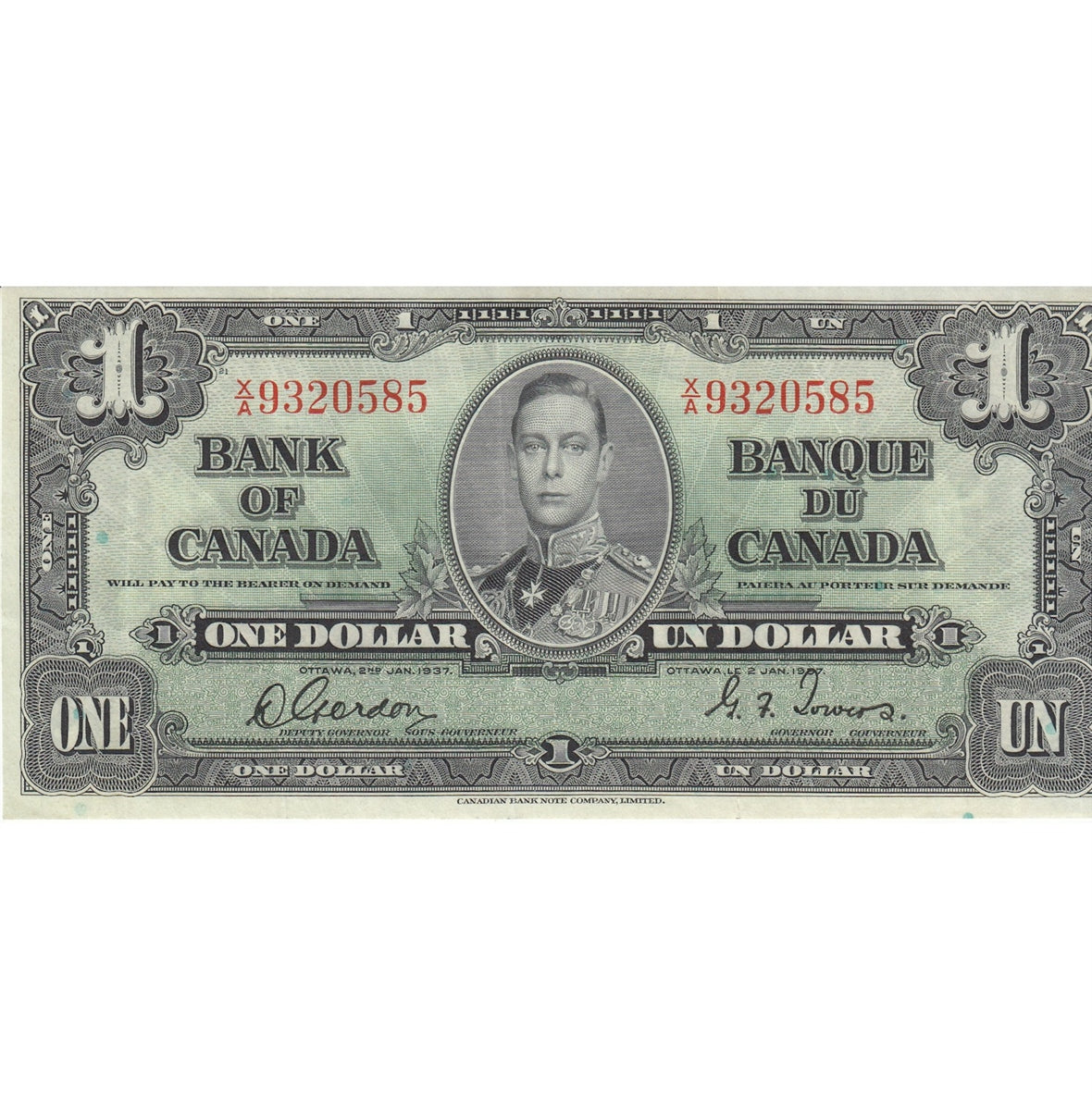 BC-21c 1937 Canada $1 Gordon-Towers, X/A, Very Fine (VF20)
