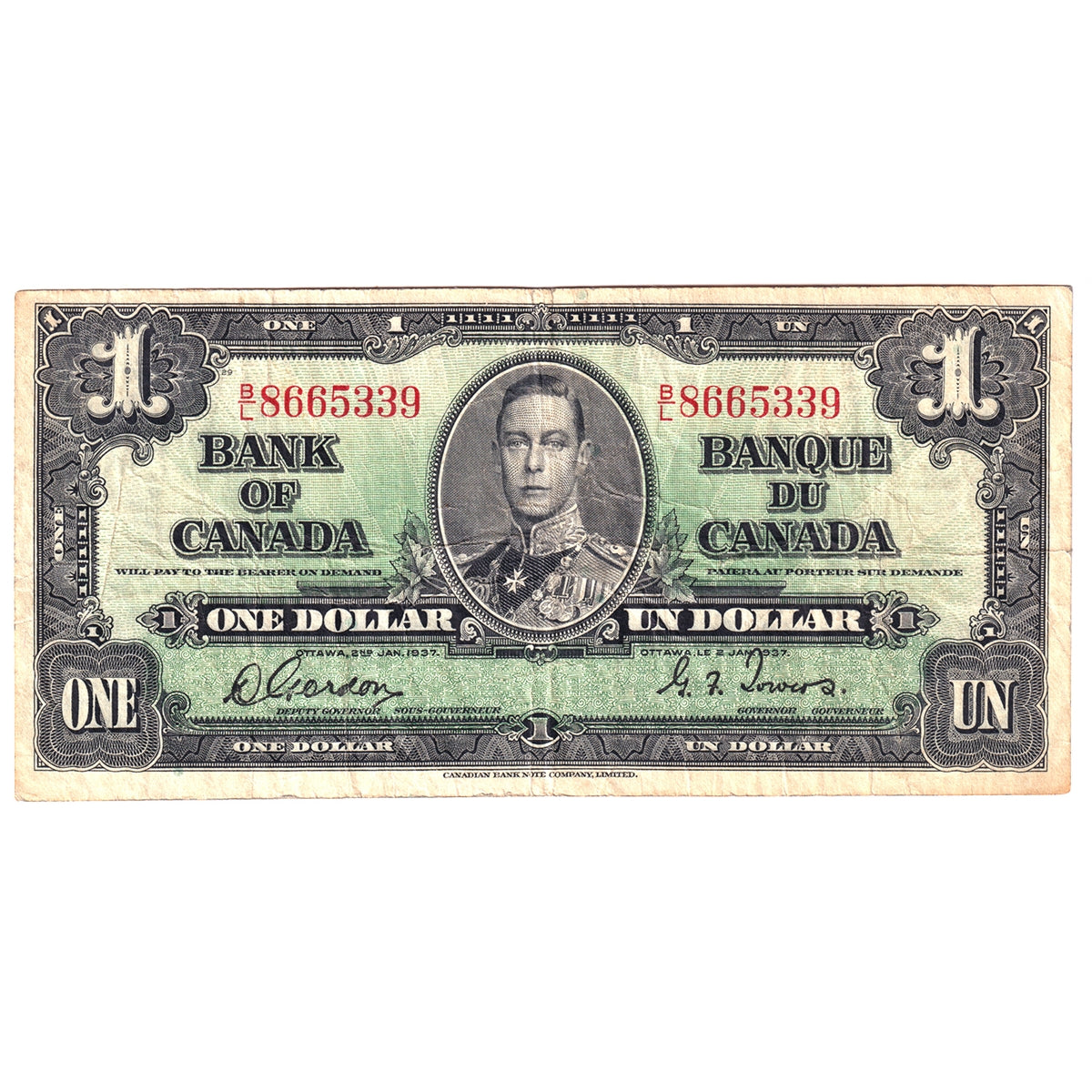 BC-21c 1937 Canada $1 Gordon-Towers, B/L, Fine (F12)