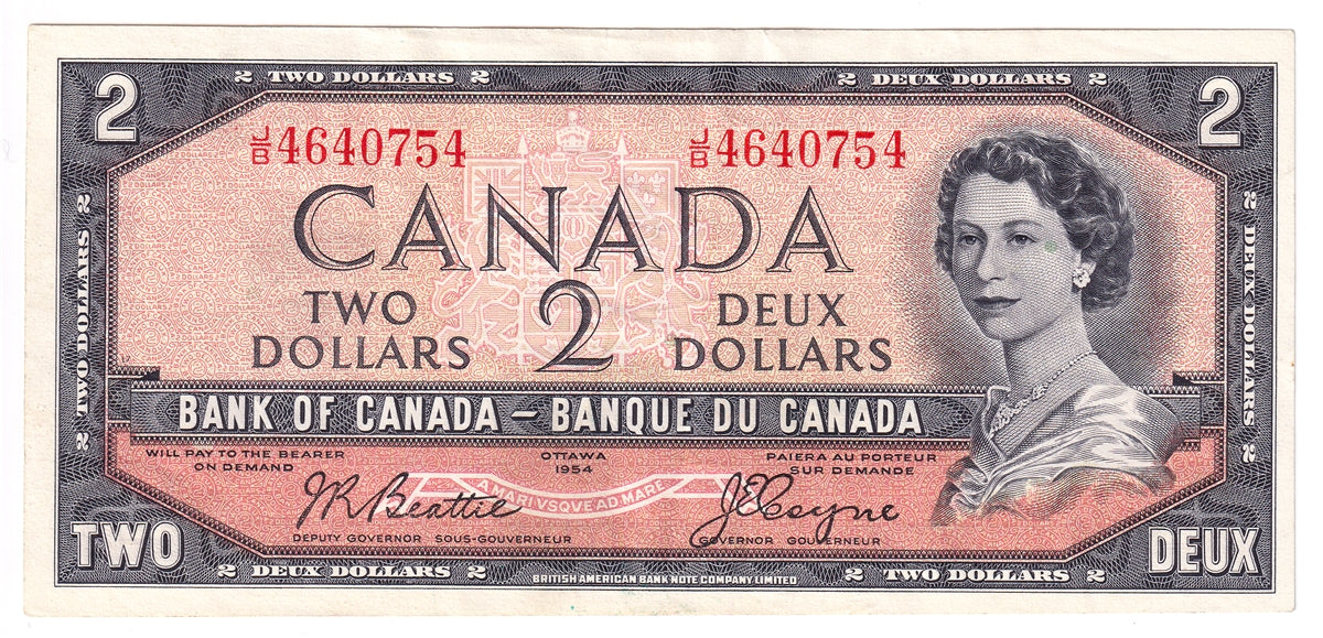 BC-38a 1954 Canada $2 Beattie-Coyne, J/B, Extra Fine (EF40)
