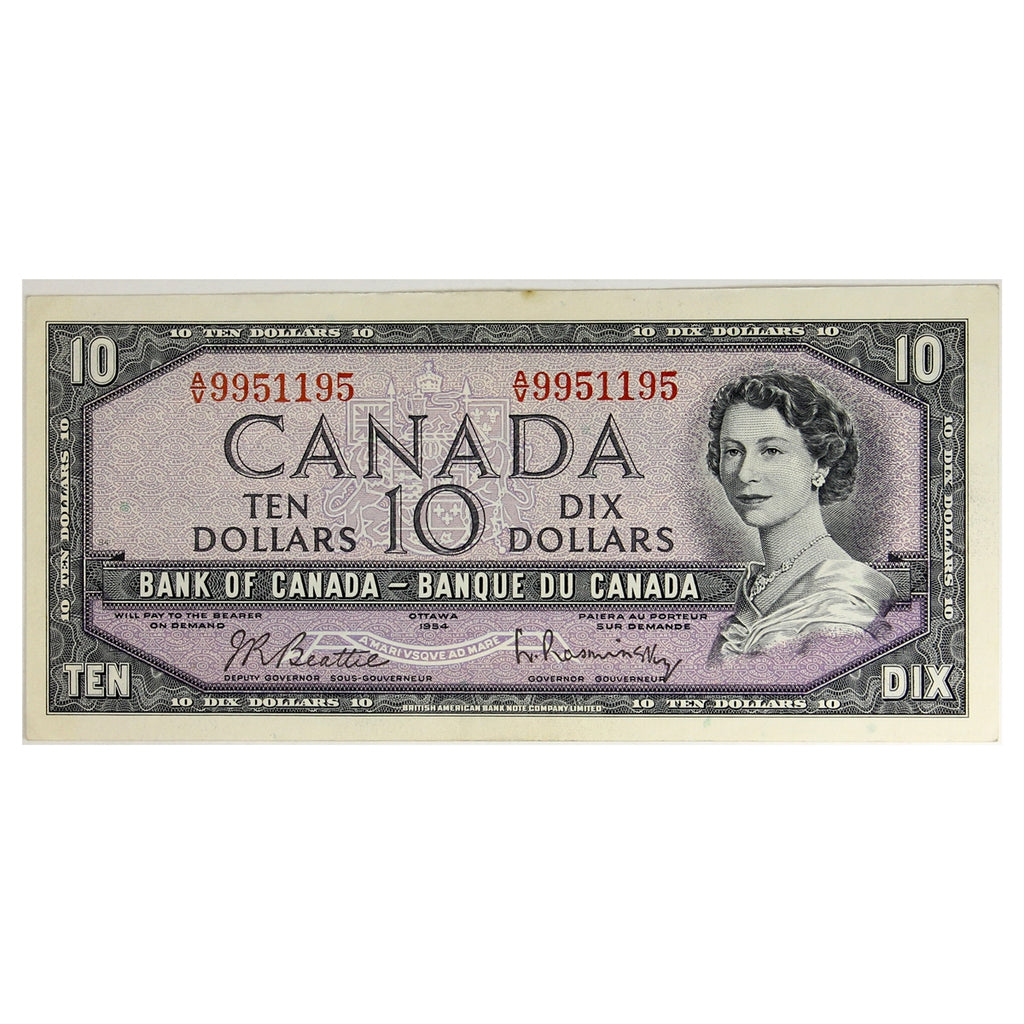 BC-40b 1954 Canada $10 Beattie-Rasminsky, A/V, Almost Uncirculated (AU50)