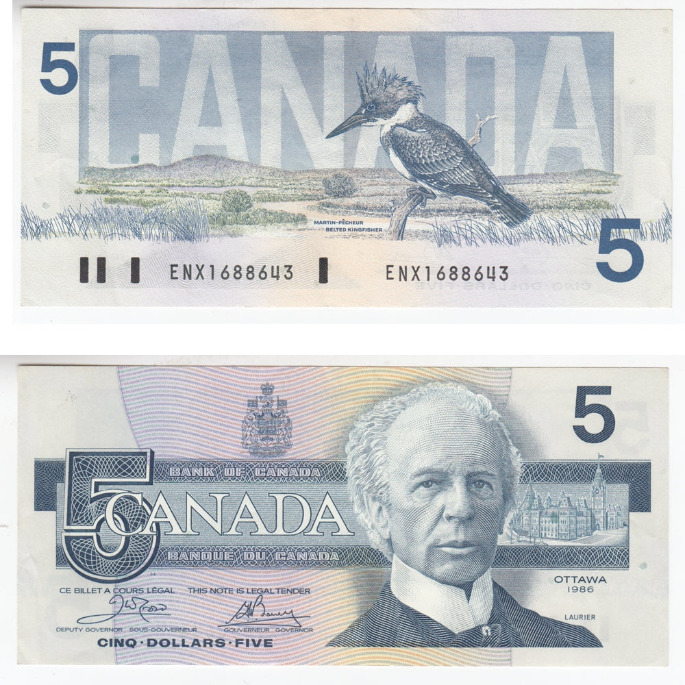 BC-56aA 1986 Canada $5 Crow-Bouey, ENX with Yellow BPN, EF-AU
