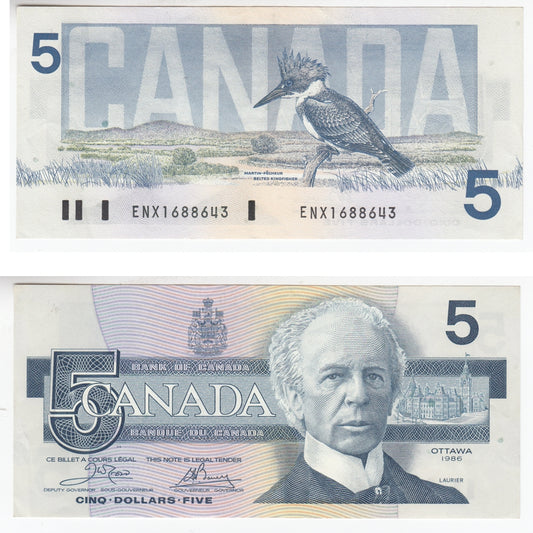 BC-56aA 1986 Canada $5 Crow-Bouey, ENX with Yellow BPN, EF-AU