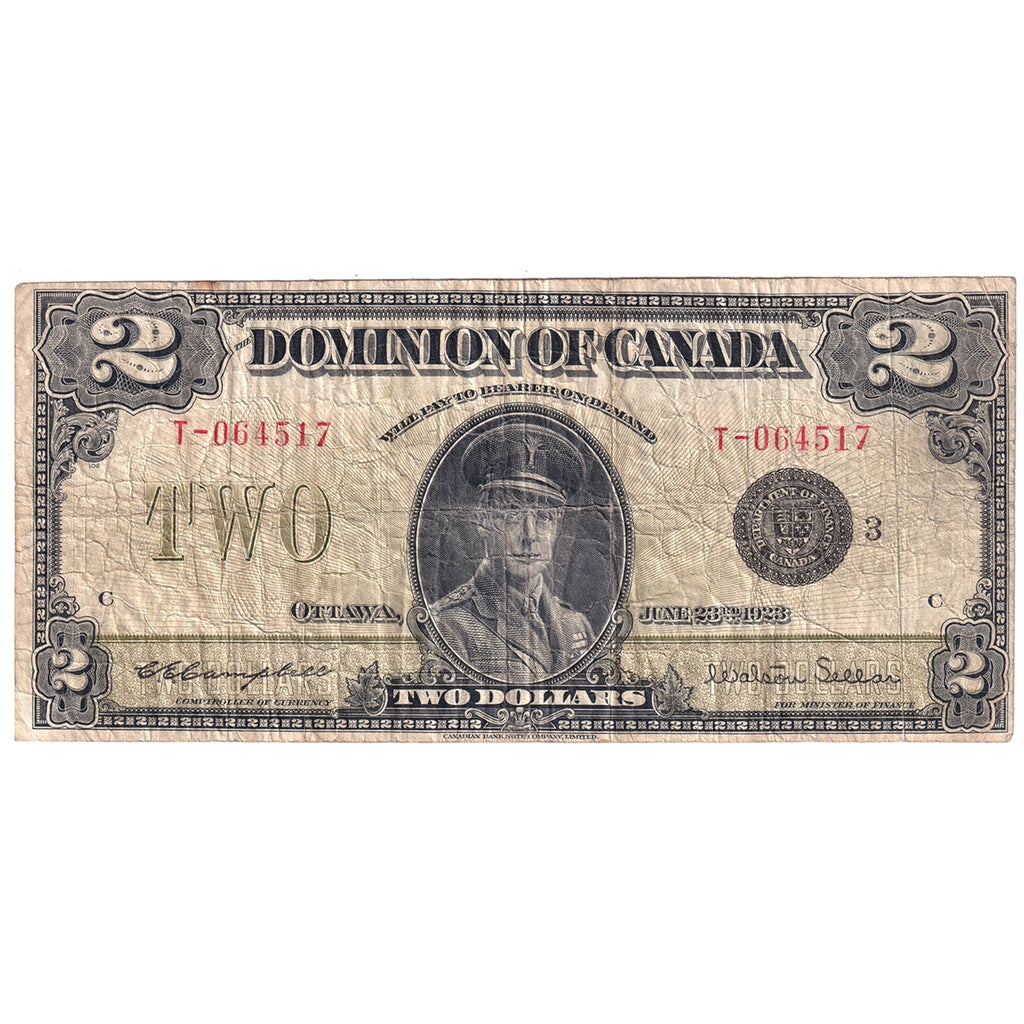 DC-26j 1923 Dominion $2 Campbell-Sellar, Black Seal, Group 3, Series T, Fine (F12)