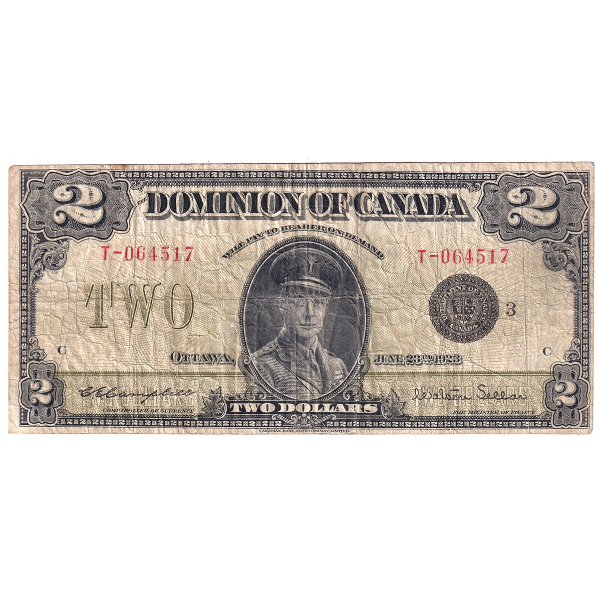 DC-26j 1923 Dominion $2 Campbell-Sellar, Black Seal, Group 3, Series T, Fine (F12)
