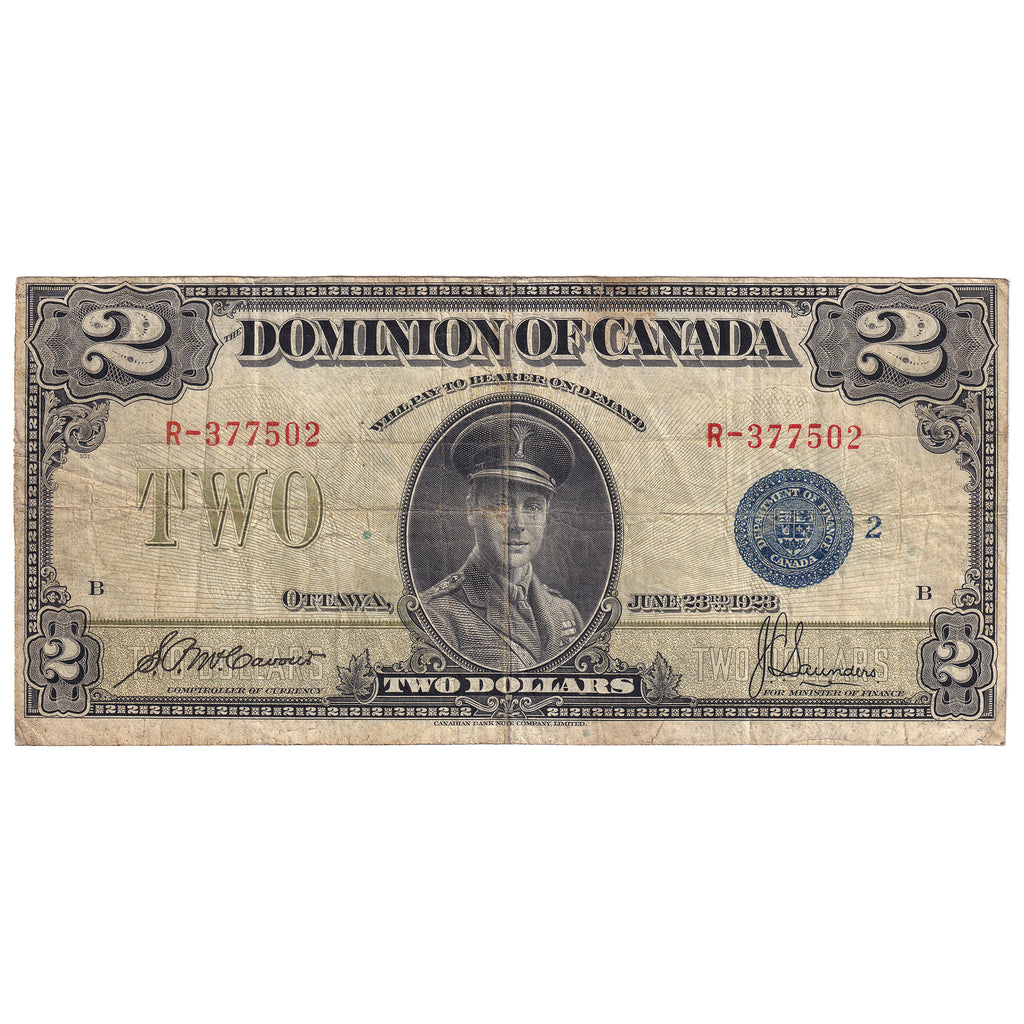 DC-26h 1923 Dominion $2 McCavour-Saunders, Blue Seal, Group 2, Series R, F-VF (F15)