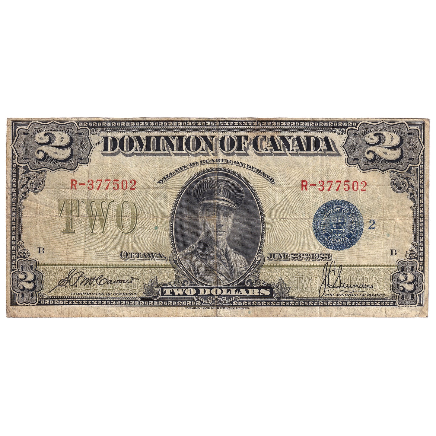 DC-26h 1923 Dominion $2 McCavour-Saunders, Blue Seal, Group 2, Series R, F-VF (F15)