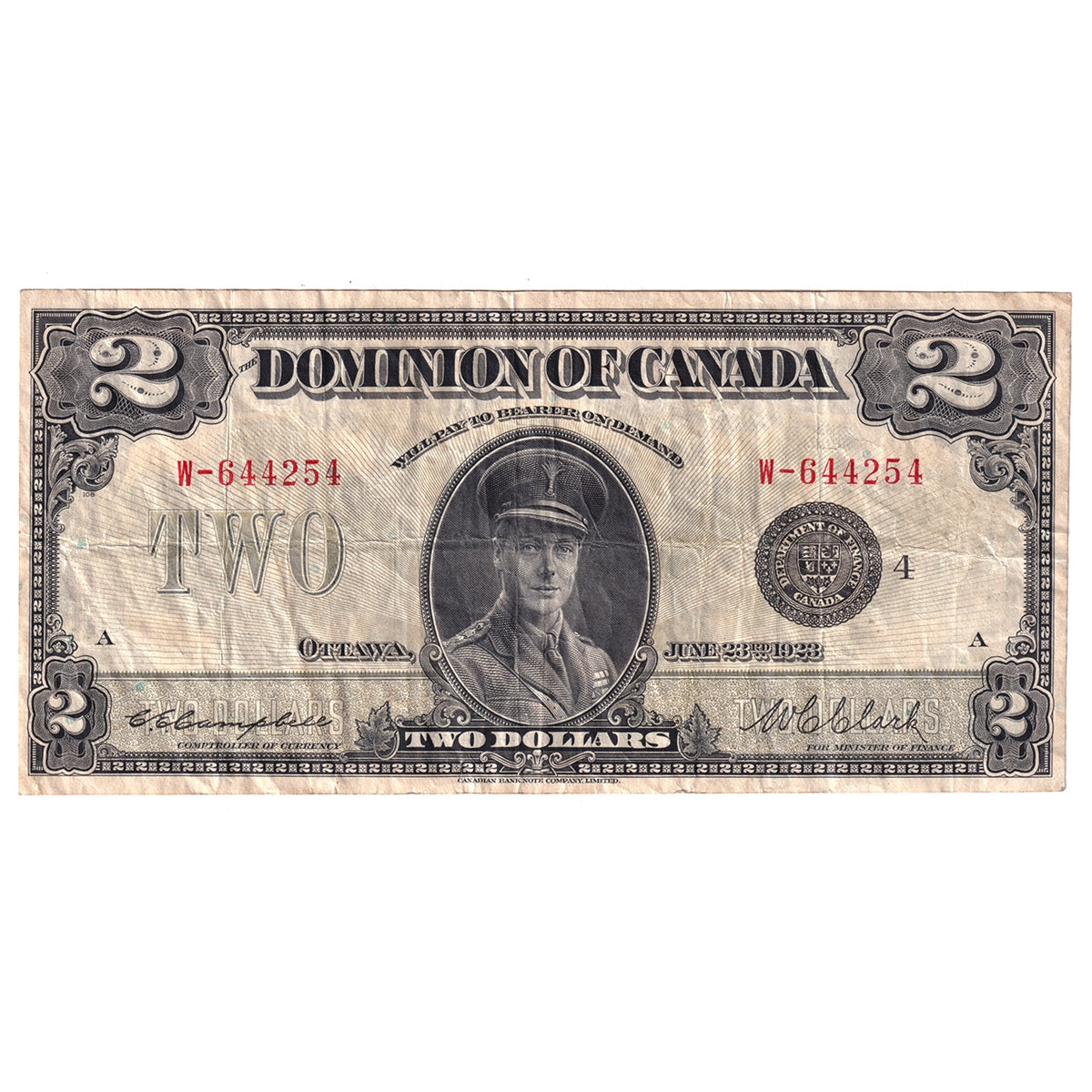 DC-26l 1923 Dominion $2 Campbell-Clark, Black Seal, Group 4, Series W, Very Fine (VF20)