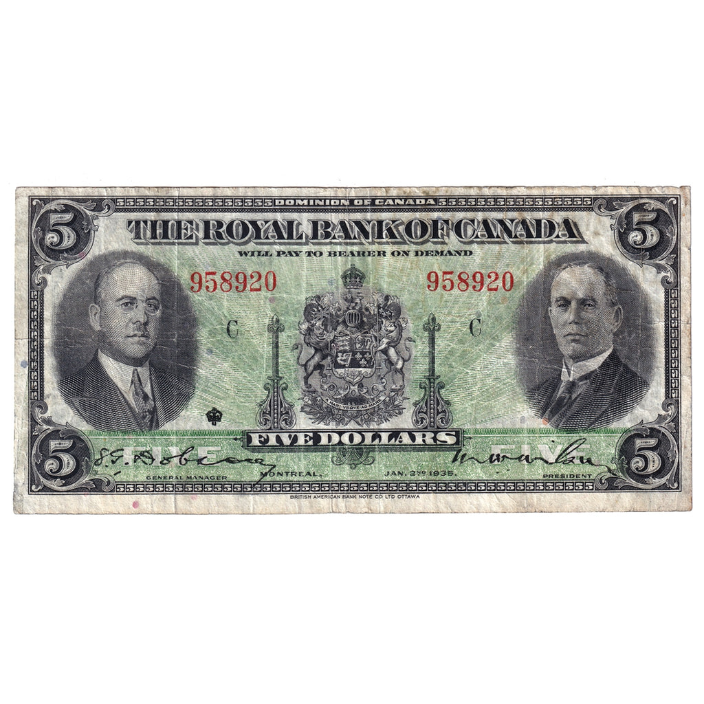 630-18-02a 1935 Royal Bank of Canada $5 Large Signature, F-VF (F15)