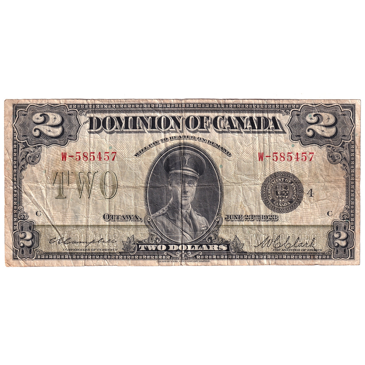 DC-26l 1923 Dominion $2 Campbell-Clark, Black Seal, Group 4, Series W, F-VF (F15)