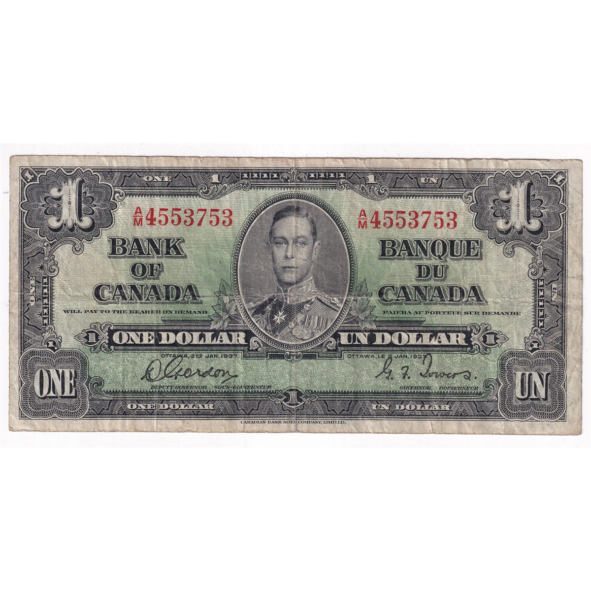 BC-21c 1937 Canada $1 Gordon-Towers, A/M, Fine (F12)