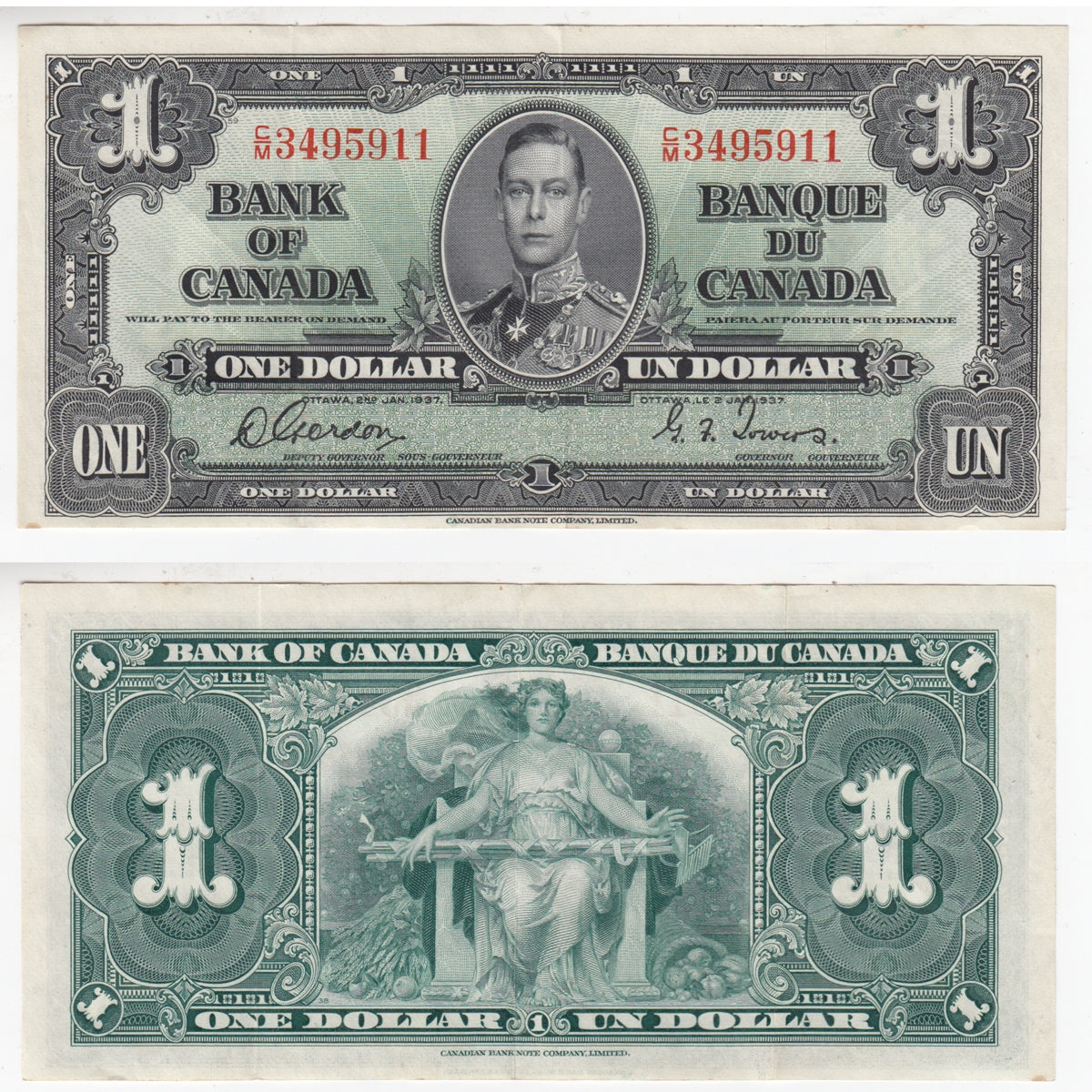 BC-21c 1937 Canada $1 Gordon-Towers, C/M, VF-EF (VF30)