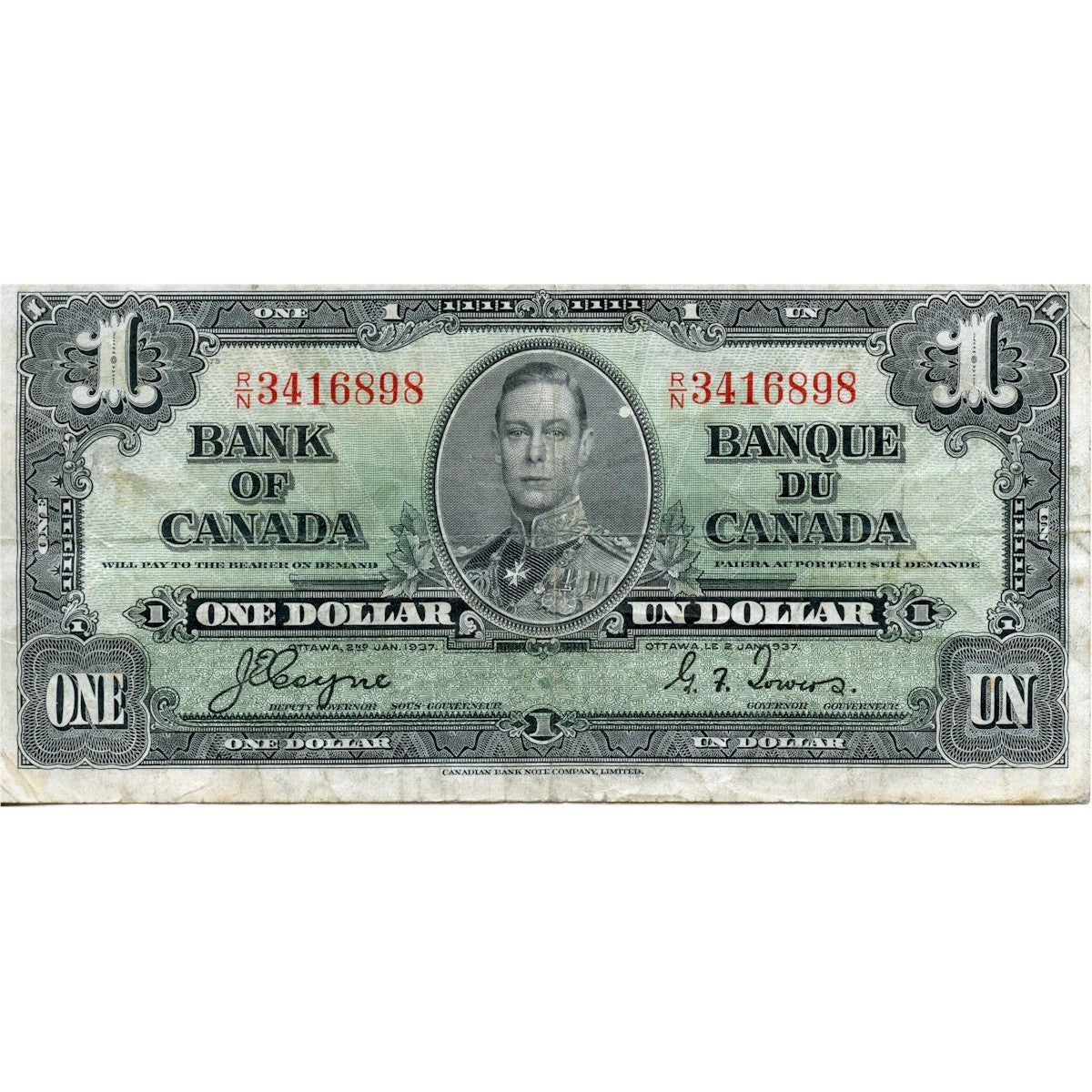BC-21d 1937 Canada $1 Coyne-Towers, R/N, VF