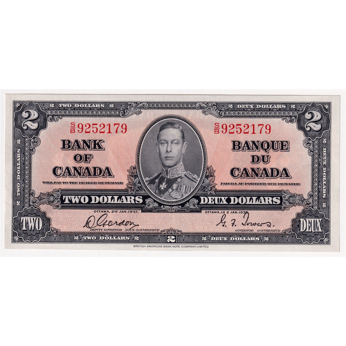 BC-22b 1937 Canada $2 Gordon-Towers, S/B, EF-AU (EF45)