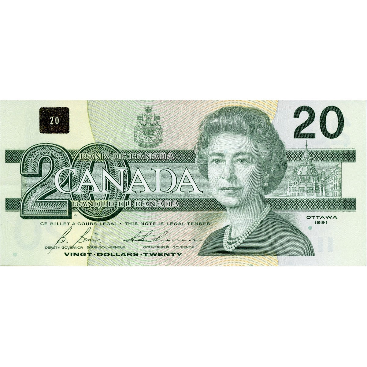 BC-58b 1991 Canada $20 Bonin-Thiessen, ESZ with BPN, Almost Uncirculated (AU50)