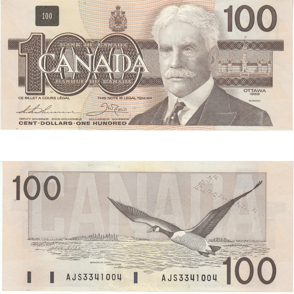 BC-60a 1988 Canada $100 Thiessen-Crow, AJS, Almost Uncirculated (AU50)