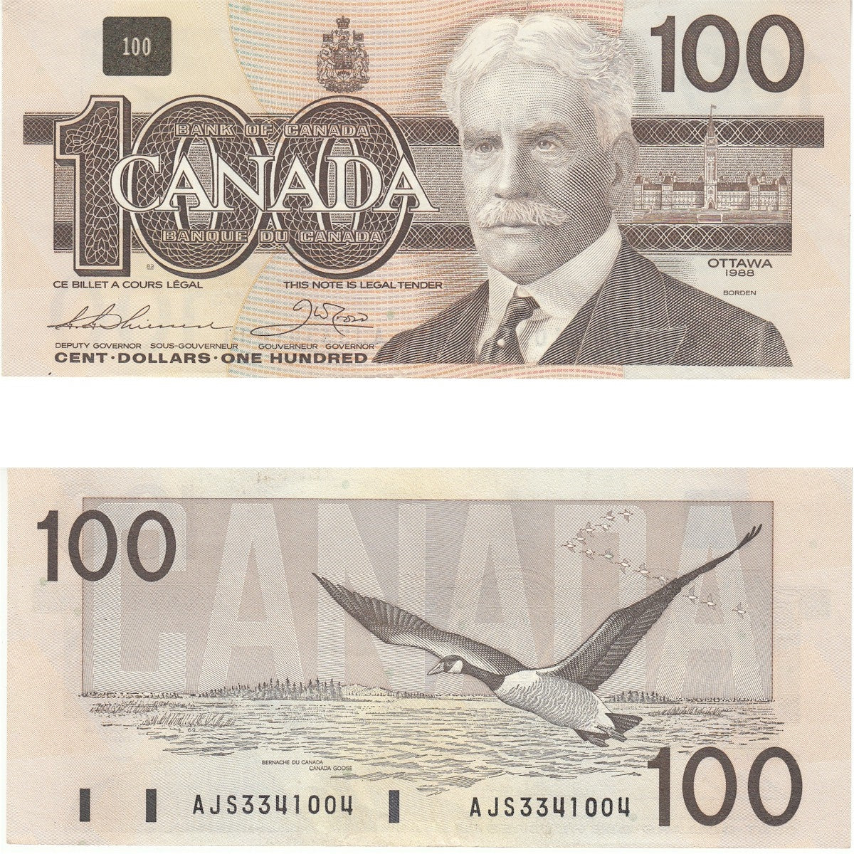 BC-60a 1988 Canada $100 Thiessen-Crow, AJS, Almost Uncirculated (AU50)