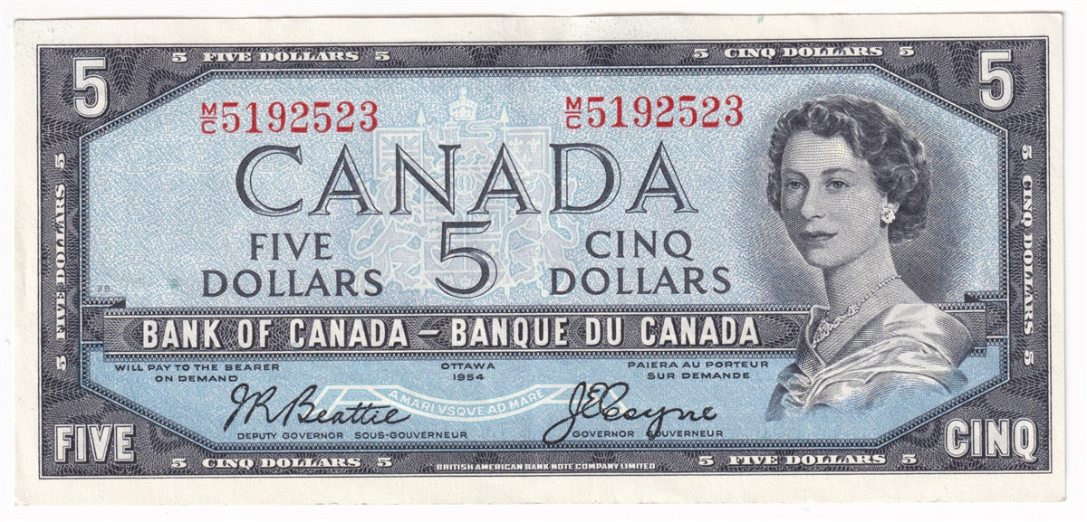 BC-39a 1954 Canada $5 Beattie-Coyne, M/C, Almost Uncirculated (AU50)