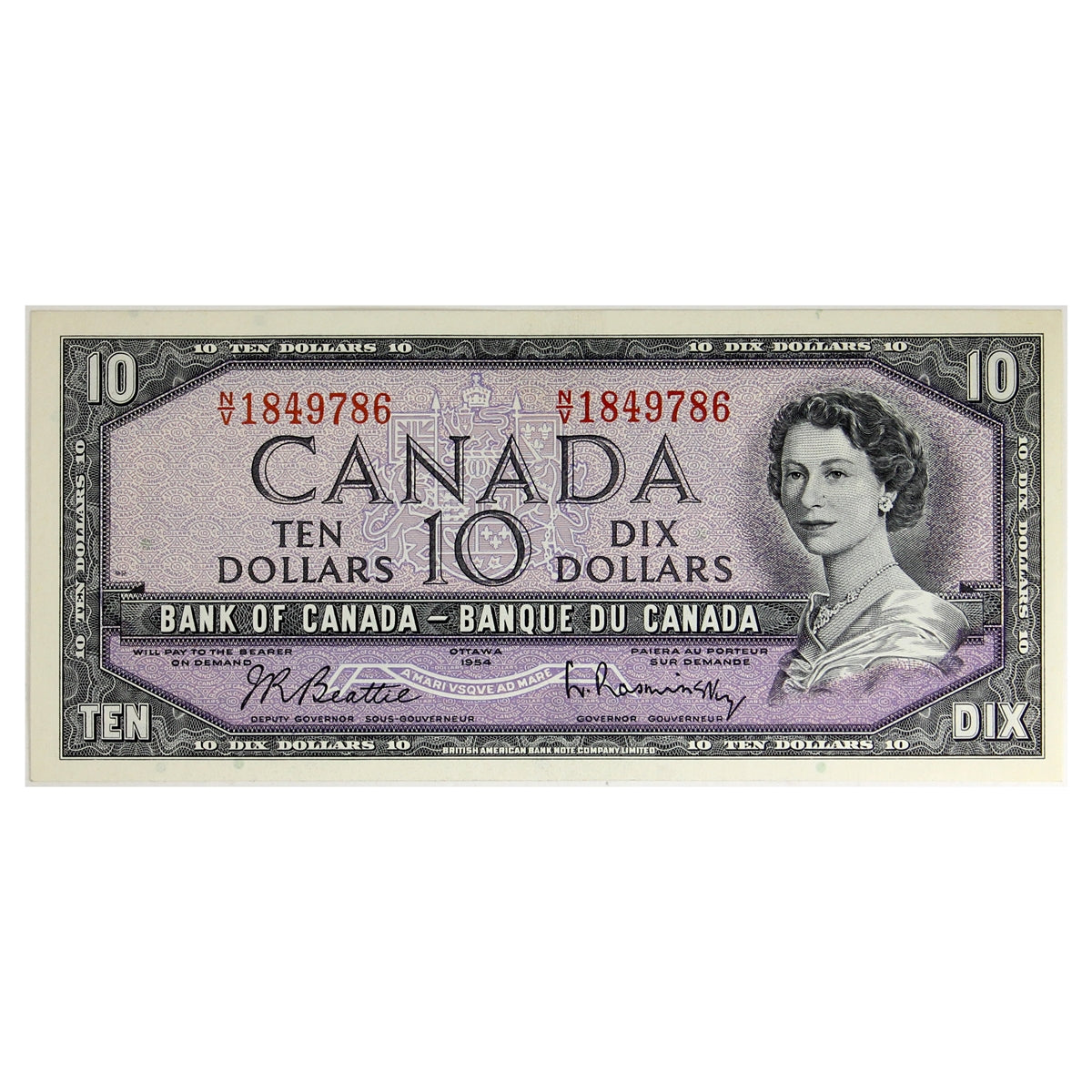 BC-40b 1954 Canada $10 Beattie-Rasminsky, N/V, AU-UNC (AU55)