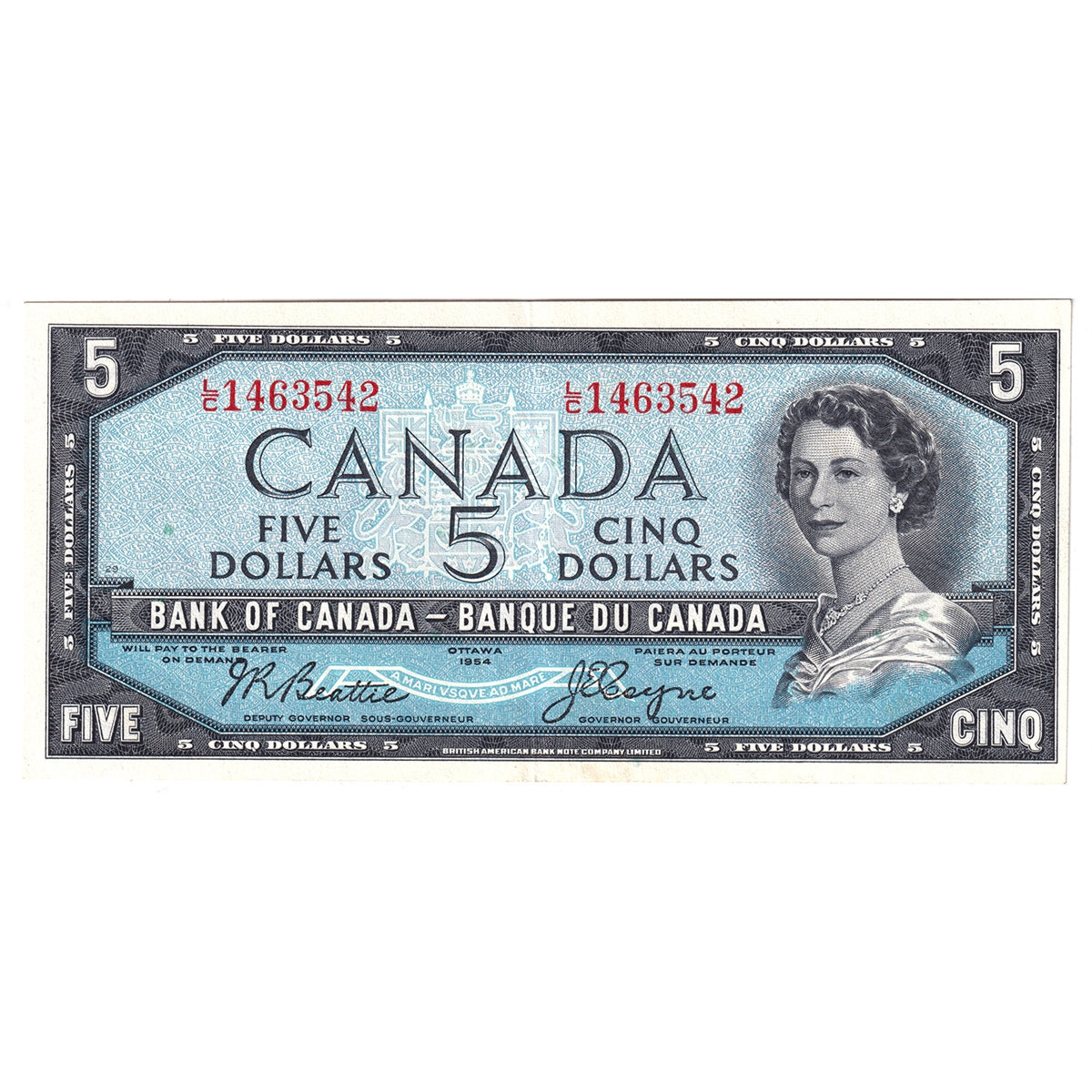 BC-39a 1954 Canada $5 Beattie-Coyne, L/C, EF-AU (EF45)