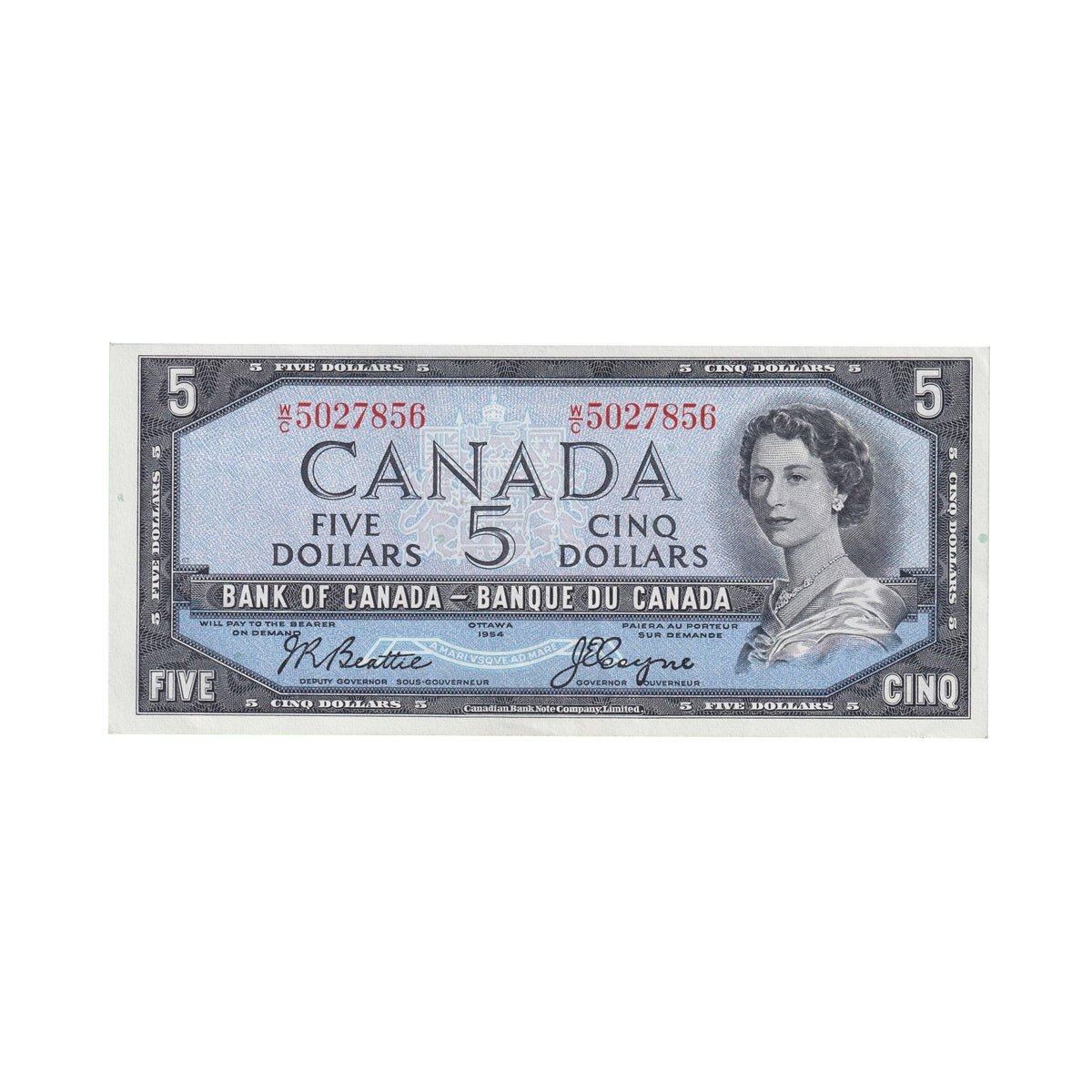 BC-39a-i 1954 Canada $5 Beattie-Coyne, W/C, AU-UNC (AU55)