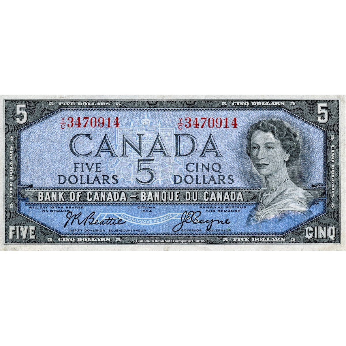 BC-39a-i 1954 Canada $5 Beattie-Coyne, Y/C, Very Fine (VF20)