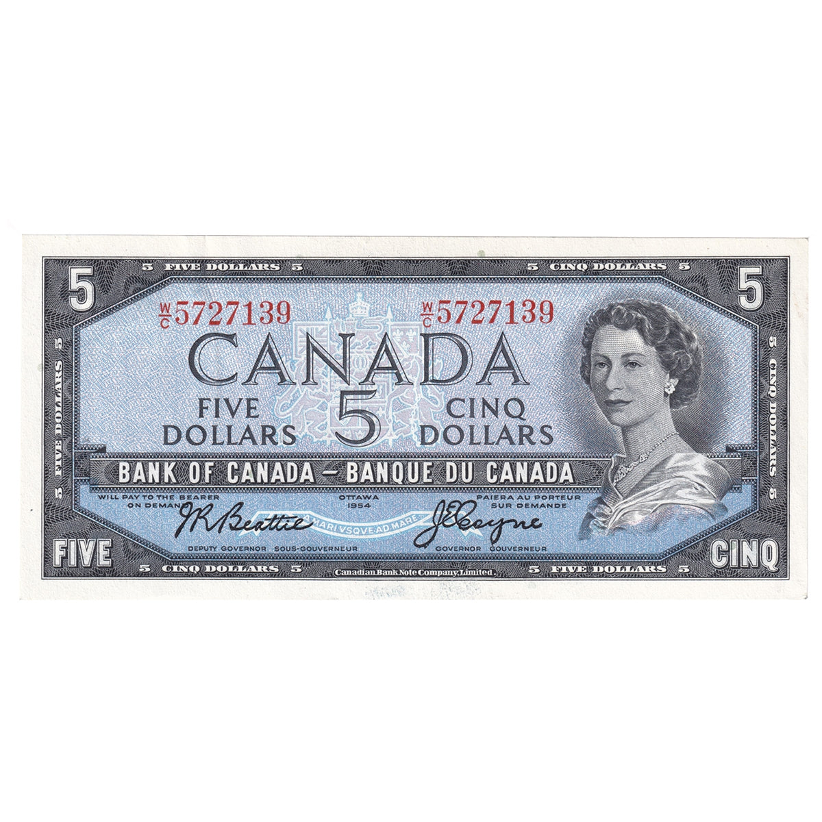 BC-39a-i 1954 Canada $5 Beattie-Coyne, W/C, EF-AU (EF45)
