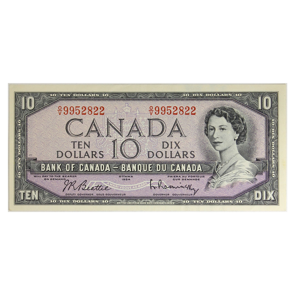 BC-40b 1954 Canada $10 Beattie-Rasminsky, O/V, Almost Uncirculated (AU50)