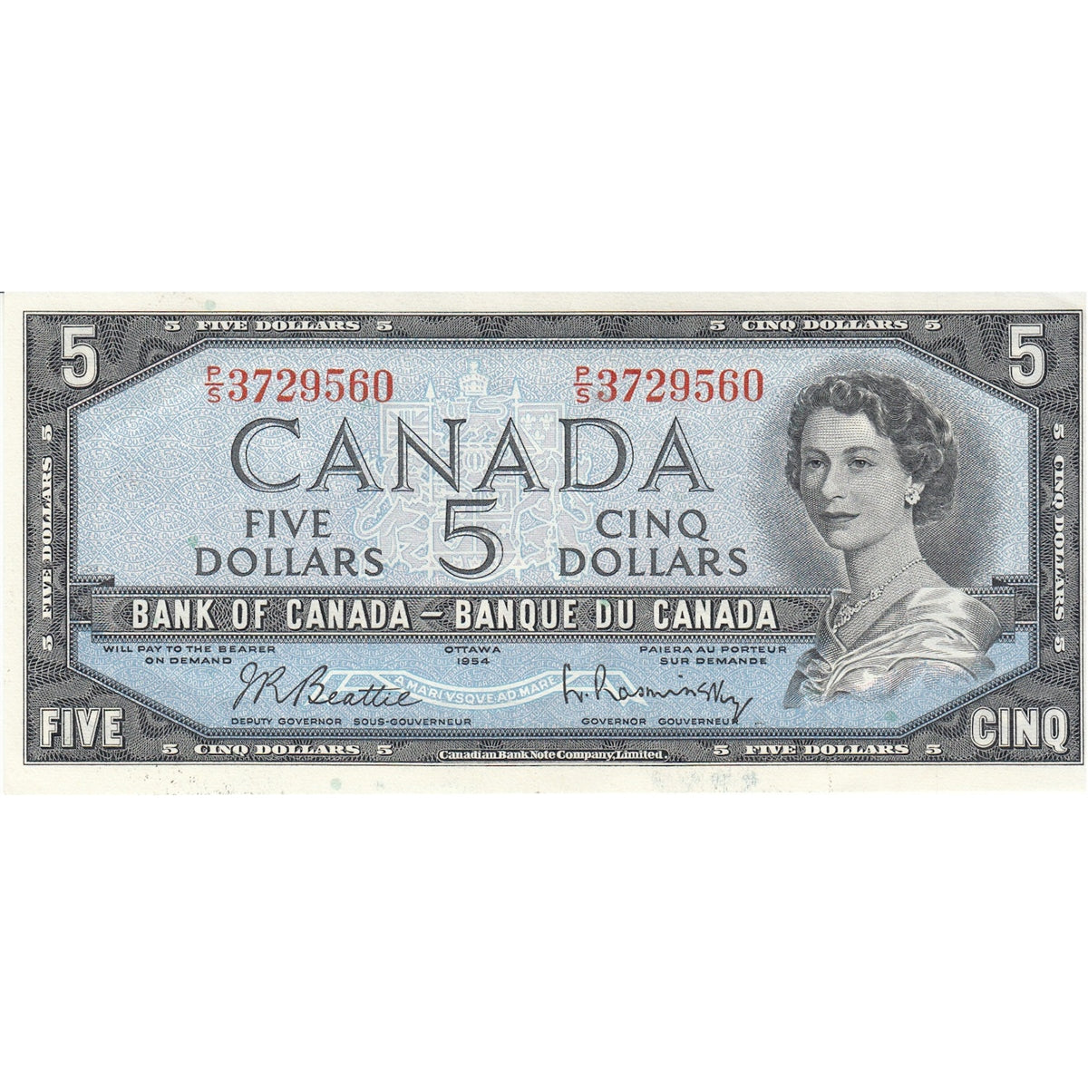 BC-39b 1954 Canada $5 Beattie-Rasminsky, P/S, Extra Fine (EF40)