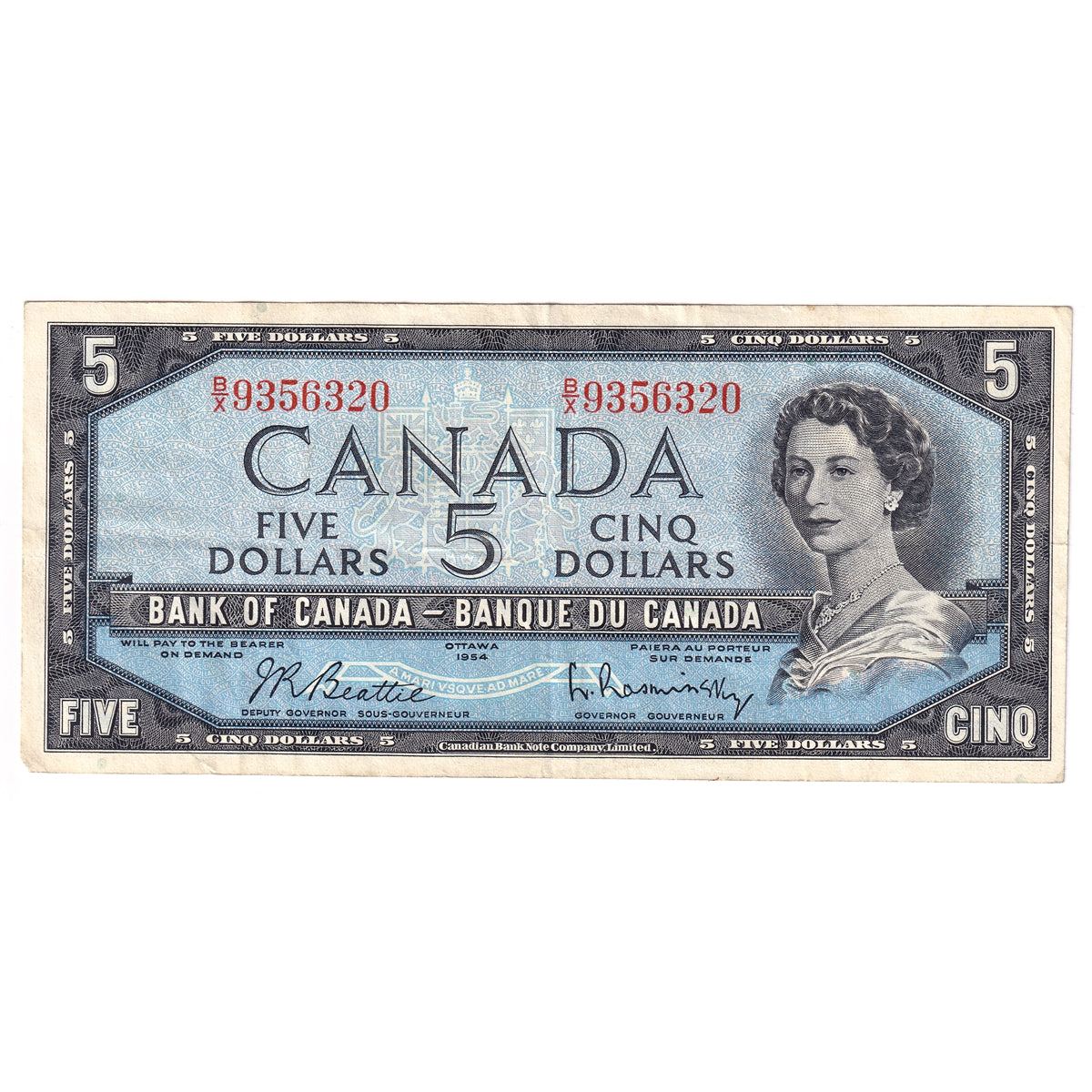 BC-39b 1954 Canada $5 Beattie-Rasminsky, B/X, Very Fine (VF20)