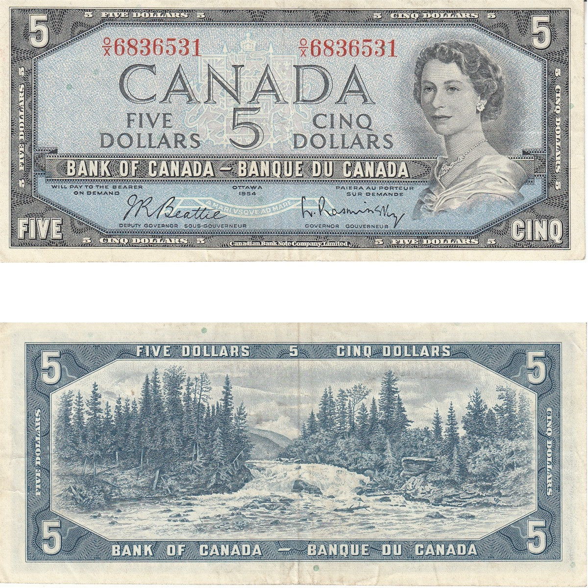 BC-39b 1954 Canada $5 Beattie-Rasminsky, O/X, Extra Fine (EF40)
