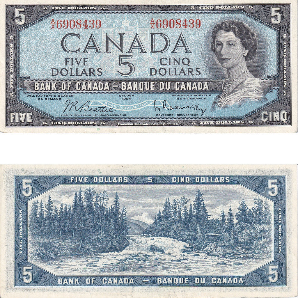 BC-39b 1954 Canada $5 Beattie-Rasminsky, A/X, Almost Uncirculated (AU50)