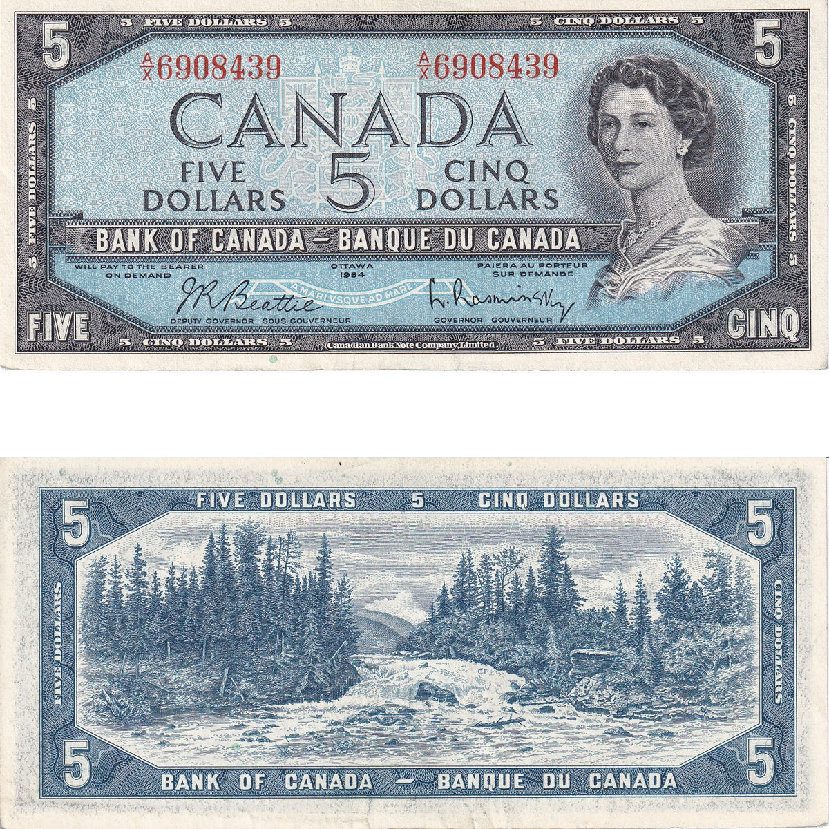 BC-39b 1954 Canada $5 Beattie-Rasminsky, A/X, Almost Uncirculated (AU50)