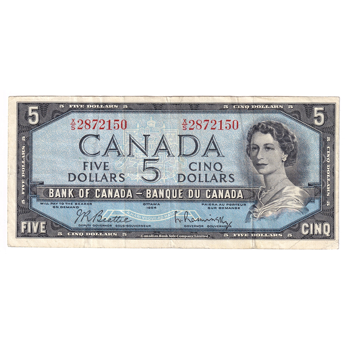 BC-39b 1954 Canada $5 Beattie-Rasminsky, X/S, Very Fine (VF20)
