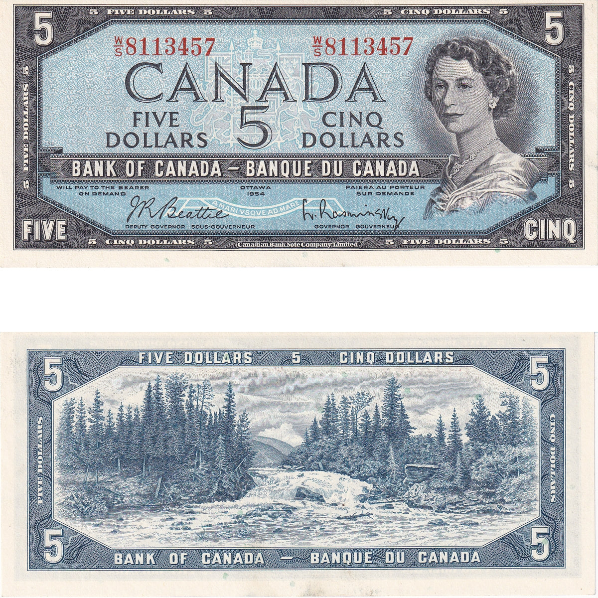 BC-39b 1954 Canada $5 Beattie-Rasminsky, W/S, Uncirculated (MS60)