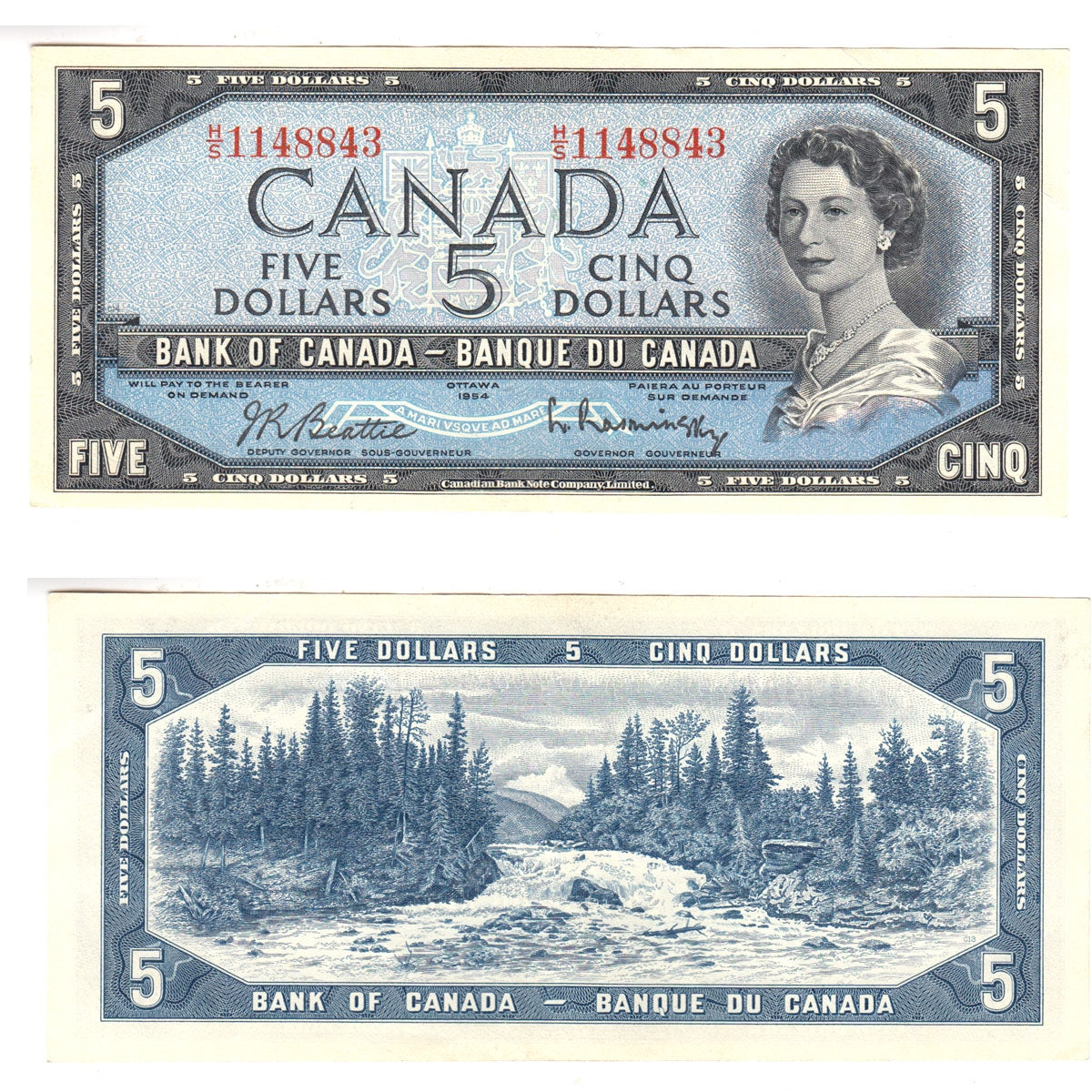 BC-39b 1954 Canada $5 Beattie-Rasminsky, H/S, Almost Uncirculated (AU50)