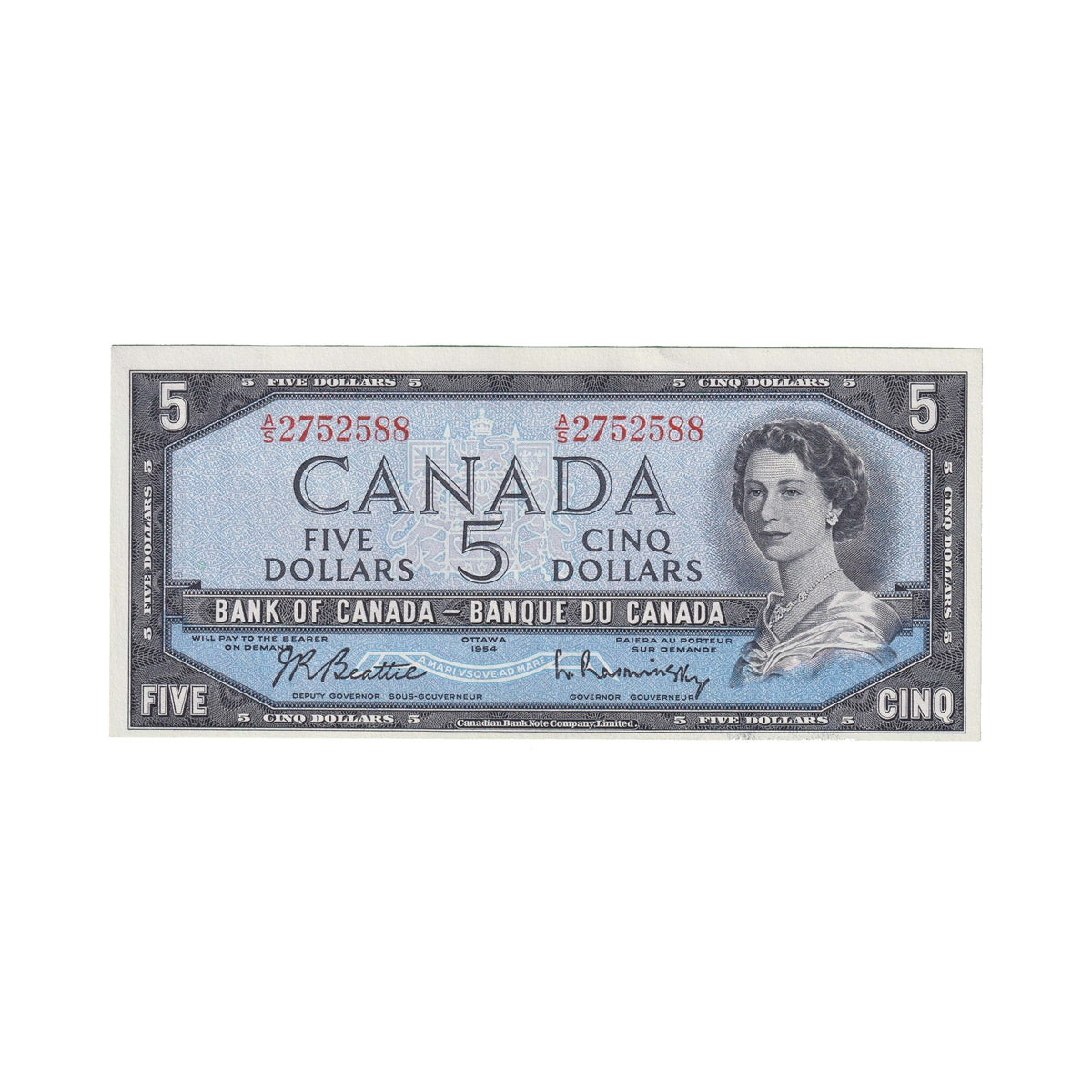 BC-39b 1954 Canada $5 Beattie-Rasminsky, A/S, AU-UNC (AU55)