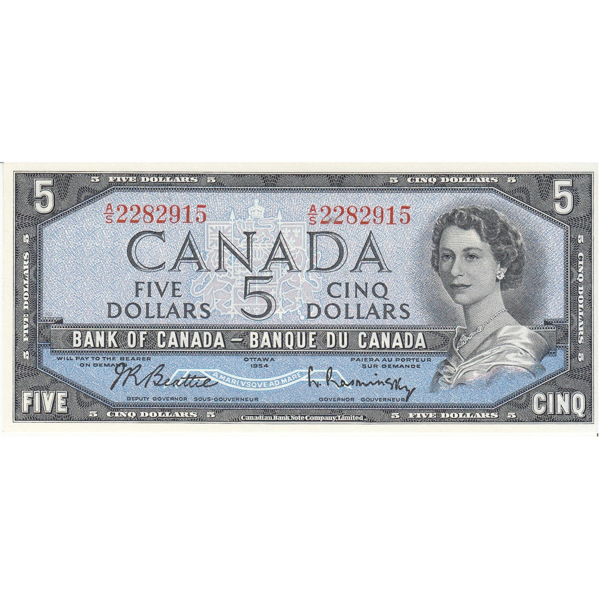BC-39b 1954 Canada $5 Beattie-Rasminsky, A/S, Choice Uncirculated (CUNC63)