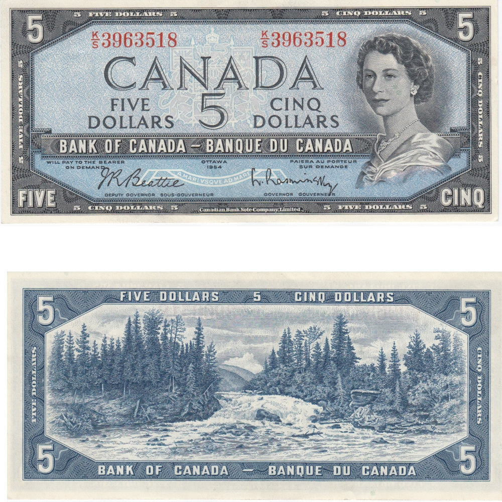 BC-39b 1954 Canada $5 Beattie-Rasminsky, K/S, Almost Uncirculated (AU50)