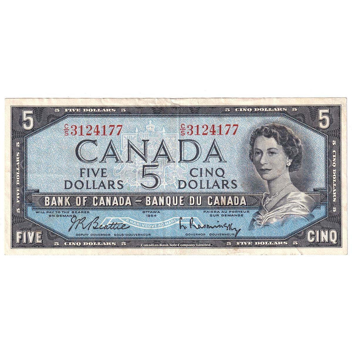 BC-39b 1954 Canada $5 Beattie-Rasminsky, C/S, Very Fine (VF20)