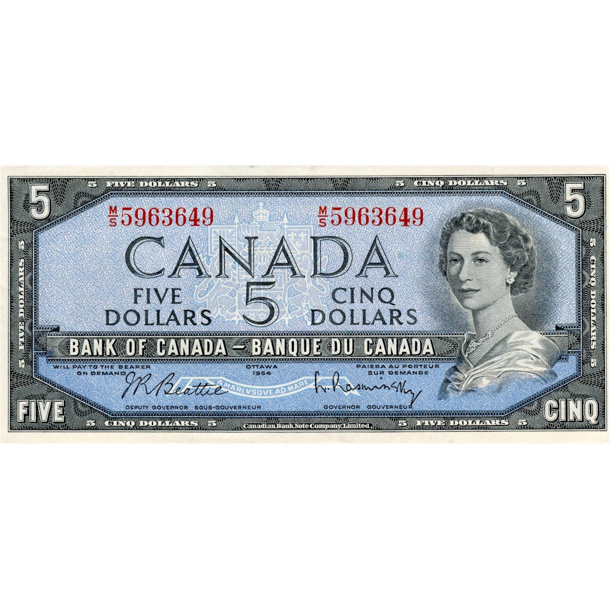 BC-39b 1954 Canada $5 Beattie-Rasminsky, M/S, Extra Fine (EF40)